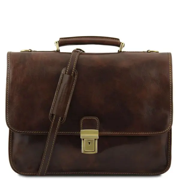 Leather Briefcase With 2 Compartments - Torino - Dark Brown
