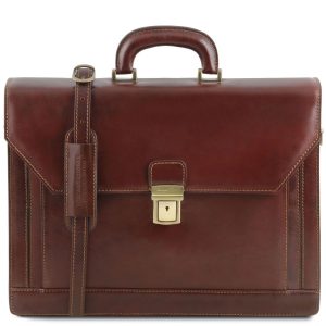 Leather Briefcase with Front Pocket and 2 Compartments - Napoli