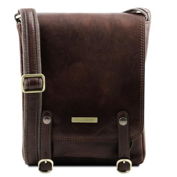 Leather Crossbody Bag for Men with Front Straps - Roby - Dark Brown