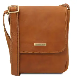Leather Crossbody Bag for Men with Front Zip - John - Natural