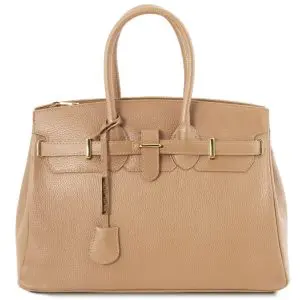 Leather Handbag with Golden Hardware - Courry - Champagne