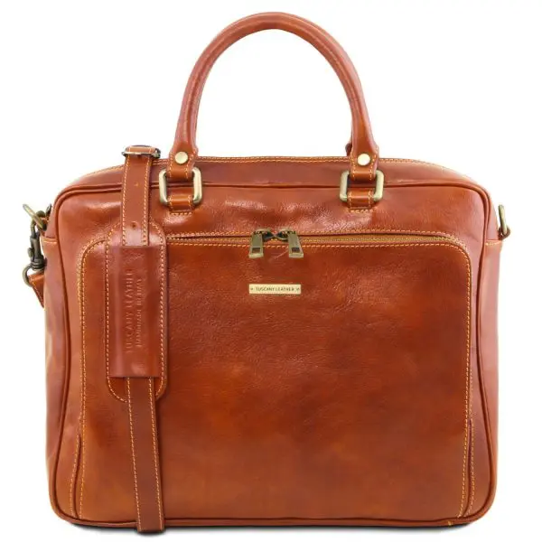 Leather Laptop Briefcase with Front Pocket - Pisa - Honey