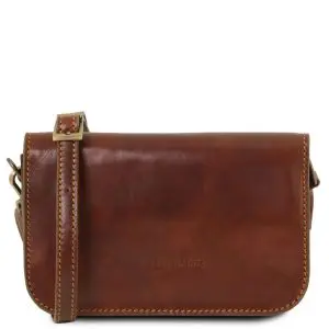 Leather Shoulder Bag with Flap - Carmen - Brown