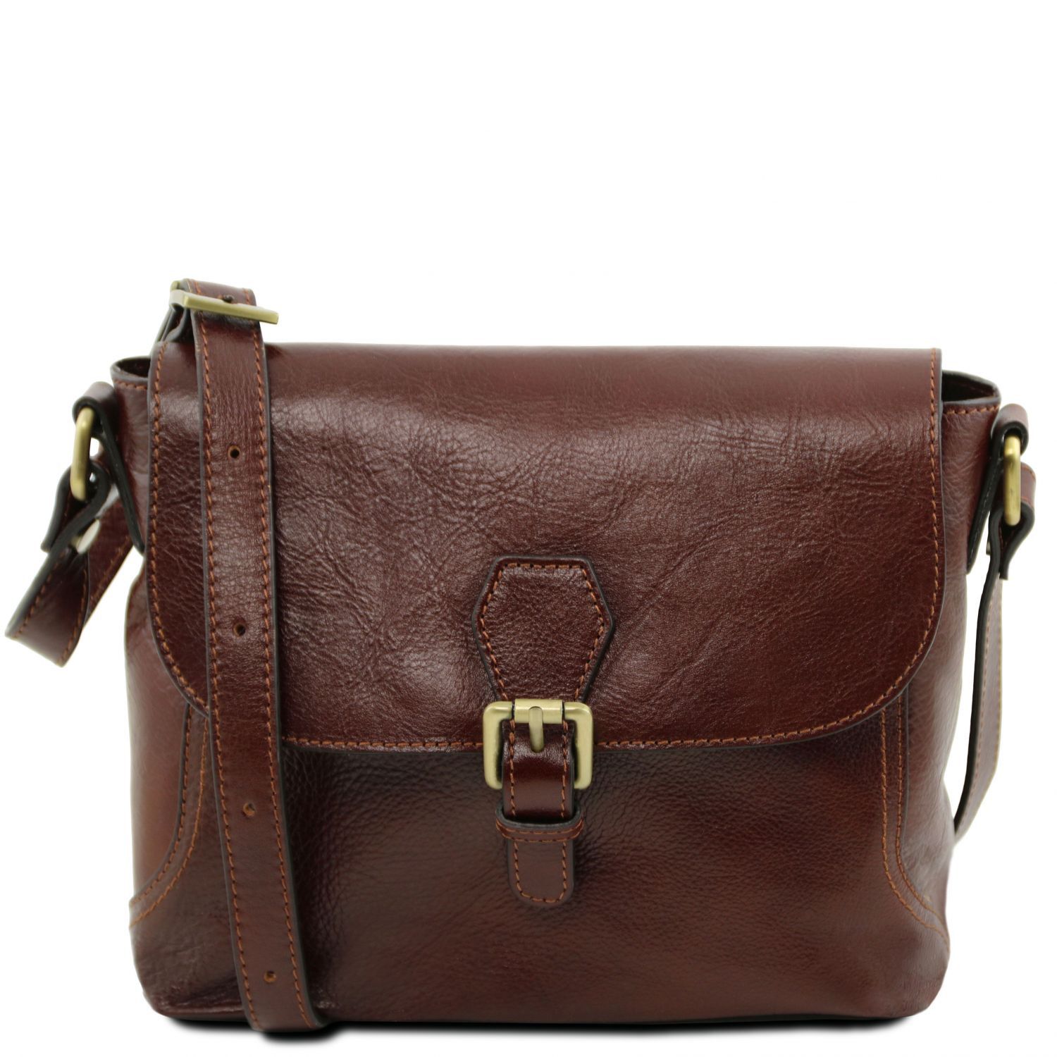 Leather Shoulder Bag with Flap - Jody - Brown