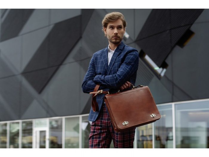 Superb Orange Leather Briefcase For Men With Detachable Shoulder Strap