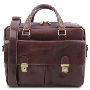 Leather Multi Compartment Laptop Briefcase With Two Front Pockets - San Miniato