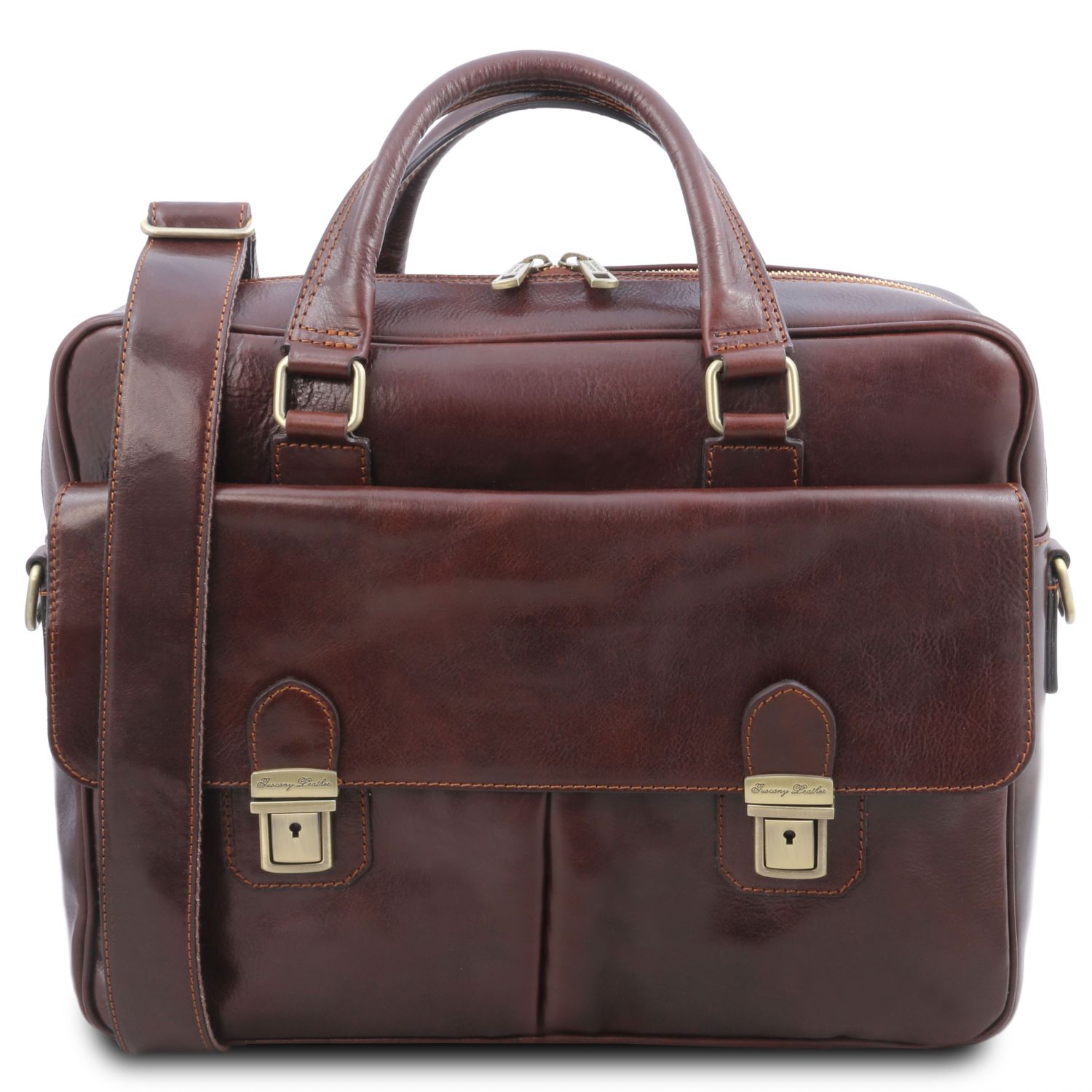 Leather Multi Compartment Laptop Briefcase With Two Front Pockets - San Miniato