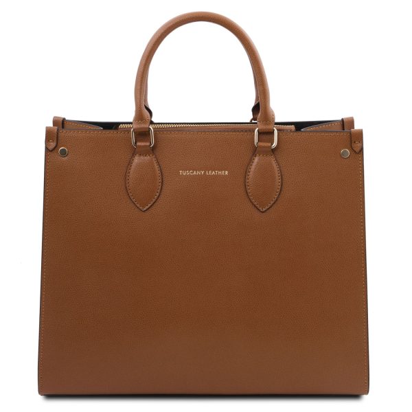 Women's Large Palmelatto Leather 15 Laptop Business Handbag with Detachable Shoulder Strap and Zip Closure - Iside - Cognac